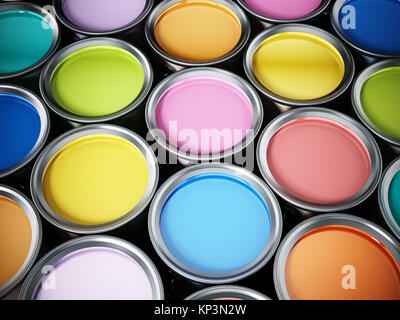 Mehrfarbige Paint Cans Hintergrund. 3D-Darstellung. Stockfoto