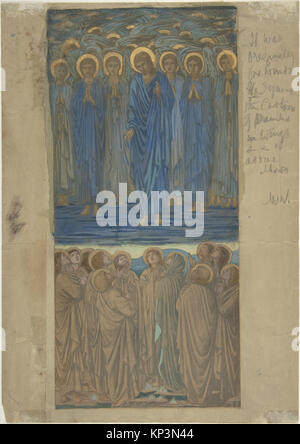 Illustrative Studie für ein Buntglasfenster, das die Himmelfahrt Christi mit detaillierter Komposition und ikonographischen Elementen für den religiösen Kontext zeigt. Stockfoto