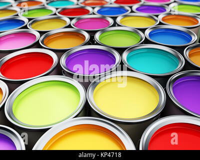 Mehrfarbige Paint Cans Hintergrund. 3D-Darstellung. Stockfoto