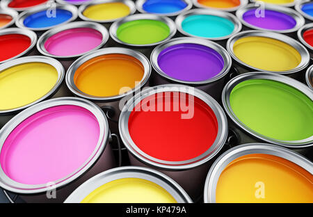 Mehrfarbige Paint Cans Hintergrund. 3D-Darstellung. Stockfoto