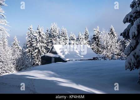 Isolierte Chalet mit Bäumen, Schnee und klarer Himmel in der Nähe von Bily Kriz in Moravskoslezske Beskiden in der Tschechischen Republik während schöner Wintertag Stockfoto