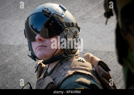 Airman 1st Class Matt Madson, 41st Truppentransporter Squadron C-130J Super Hercules Lademeister, schaut in eine C-130J während der Übung wachsam Ace 18, Dez. 6, 2017, in Yokota Air Base, Japan. Die Ausübung getestet Yokota's Bereitschaft und Fähigkeit zu erhalten und die Bereitstellung von Lieferungen oder Kräfte in der Indo-Asia Pacific Region. (U.S. Air Force Stockfoto