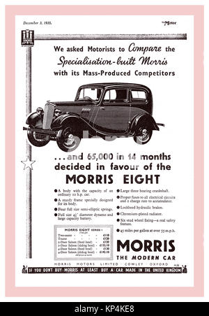 30Er vintage drücken Sie die Anzeige für den Morris Acht eine kleine britische Familie Auto von Morris Motoren von 1935 bis 1948 produziert. Stockfoto