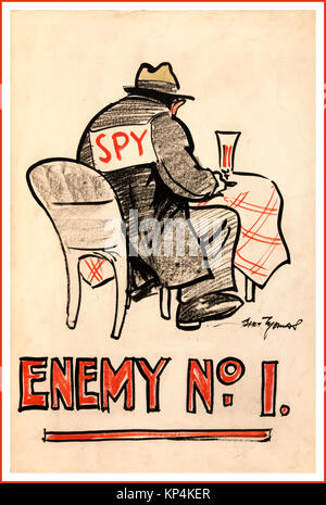 1940 WW2 Weltkrieg 11 UK Britische Propaganda Poster für "Feind Nr. 1" - ein Kunstwerk von Weltkrieg 2 BRITISCHE Regierung Zeichnung von einem Mann in einem Restaurant Bar Stuhl mit dem Wort Spion auf seinem Rücken, Anti Spy Spionage leichtfertiges Gerede Kampagne sitzt. Stockfoto