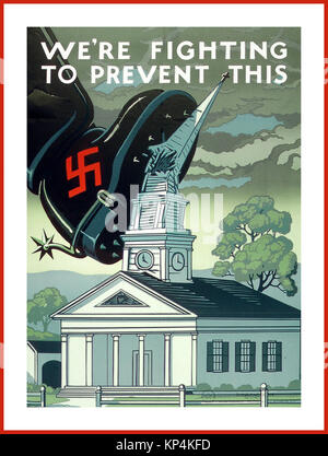 1940 WW2 Vintage amerikanische Propaganda Poster' WIR KÄMPFEN, DIESES ZU VERHINDERN' Während des Zweiten Weltkriegs der US-Regierung zur Propaganda über den Schutz der religiösen Freiheiten, um nationale Unterstützung für den Krieg Stockfoto