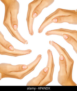 Menschliche Hände im Kreis Erhaltung imaginäre Objekt oder ein Konzept mit textfreiraum isoliert auf weiss Stockfoto