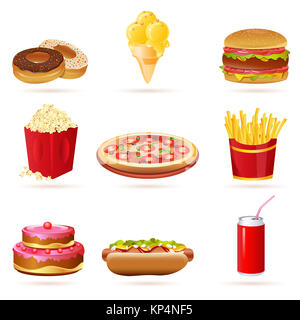 Abbildung von Junk-Food Icons auf weißem Hintergrund Stockfoto