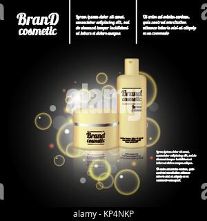 3D realistische kosmetische Flasche ads Vorlage. Kosmetische Marke Werbung Konzept Design mit Blasen und funkelt. Stock Vektor