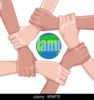 Abbildung der Erde mit Globus und Hände auf weißem Hintergrund zu retten Stockfoto
