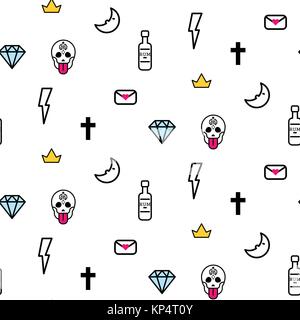 Doodle hipster Blitz, Schädel Auge und Diamond nahtlose Vektor Muster. Stock Vektor