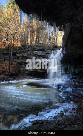 Summerhill Kraft und Gibson's Höhle im Winter, Bowlees, Obere Teesdale, County Durham, UK. Stockfoto