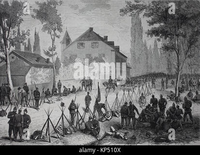 Soldaten in der Goldenen Bremm, ist ein Bereich Bezeichnung in der deutsch-französischen Grenze in der Nähe von Saarbruecken am 7. August, den deutsch-französischen Krieg 1870/71, der Zeit des Deutsch-Französischen Krieges oder der deutsch-französische Krieg, Deutsch-Franzoesischer Krieg, 1870-1871, digitale Verbesserte Reproduktion eines original Holzschnitt von 1871 Stockfoto