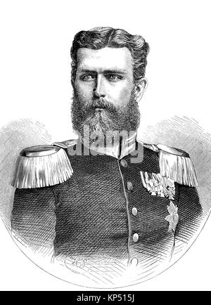 Portrait von Leopold, Prinz von Hohenzollern, in deutscher Sprache - Leopold Stephan Karl Anton Gustav Eduard Tassilo Fürst von Hohenzollern, 22. September 1835 - vom 8. Juni 1905, wurde der Leiter des Schwäbischen Zweig des Hauses Hohenzollern und spielte einen flüchtigen Rolle in der europäischen Machtpolitik, in Verbindung mit dem Deutsch-Französischen Krieg, Zeit des Deutsch-Französischen Krieges oder der deutsch-französische Krieg, Deutsch-Franzoesischer Krieg, 1870-1871, digitale Verbesserte Reproduktion eines original Holzschnitt von 1871 Stockfoto