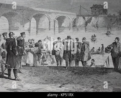 Die Ankunft von Jules Fabre im Sebres Brücke in der Nähe von Paris in der ersten Woche der Waffenstillstand, Frankreich, nach dem deutsch-französischen Kampagne von 1870/1871, Zeit des Deutsch-Französischen Krieges oder der deutsch-französische Krieg, Deutsch-Franzoesischer Krieg, 1870-1871, digitale Verbesserte Reproduktion eines original Holzschnitt von 1871 Stockfoto