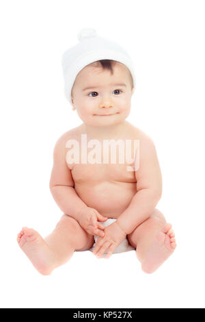 Cute Baby in Windel mit Kappe Stockfoto