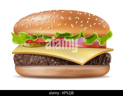 Vektor realistische Hamburger Classic Burger amerikanische Cheeseburger mit Salat Tomate Zwiebel Käse Rind und Sauce Nahaufnahme isoliert auf weißem Hintergrund. Stock Vektor