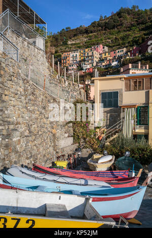 Bunte Fischerboote in Manarola, Cinque Terre, Ligurien, Italien, Europa. Stockfoto