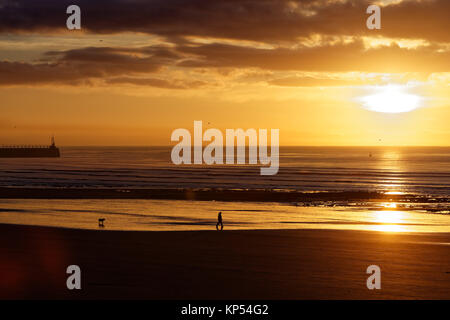 Ein Mann, der seinen Hund wie die Sonne während eines frühen eisigen Morgen in Swansea, Wales, UK. Dienstag, 12 Dezember 2017 Stockfoto