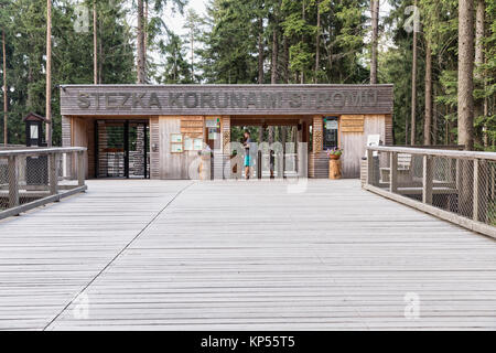 LIPNO, TSCHECHIEN - 18. Juli 2017. Einstieg in den Baumkronen Sightseeing Trail in Baumkronen. Holzkonstruktion mit einer Folie in der Mitte. Touristische Stockfoto