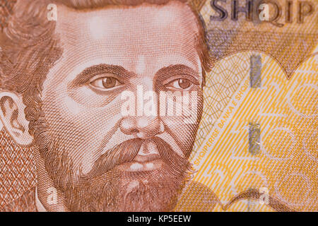 Vorderseite der albanischen Währung Lek Banknote von 200 Bezeichnung Darstellung Portrait von Naim Frashëri (1846-1900), einer der angesehensten Albaner Stockfoto