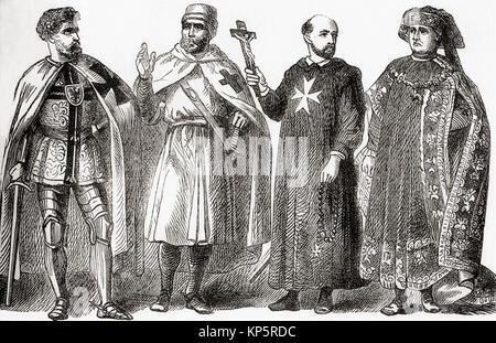 Von links nach rechts, Teutonic knight Links, Templer, Ritter von St. John und des Ordens vom Goldenen Vlies. Von Station und Lock's illustrierte Geschichte der Welt, veröffentlicht C 1882. Stockfoto