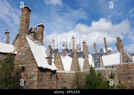 Die schneebedeckten Dächer von Hogsmeade, ein Teil der Zauberwelt von Harry Potter, Insel der Abenteuer Park in Orlando, Florida, USA. Stockfoto