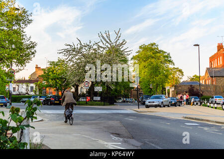 Ein Mann auf einem Fahrrad an der Spitze der sehr steilen West Hill in Highgate, London, UK, Süd Grove auf der rechten Seite Stockfoto