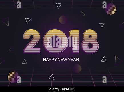 Frohes Neues Jahr 2018 Anzahl Typografie Grußkarte im Retro 80s futuristischen Stil mit geometrischen Formen und Verläufe. EPS 10 Vektor. Stock Vektor