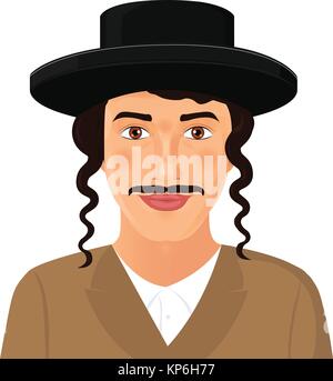 Jüdischen Mann Gesicht Porträt mit Hut und Schnurrbart in einem schwarzen Anzug. Jerusalem. Israel. Vector Illustration isoliert auf weißem Hintergrund. Stock Vektor