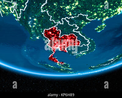 Thailand in Rot mit sichtbaren Grenzen und die Lichter der Stadt von Raum in der Nacht. 3D-Darstellung. Elemente dieses Bild von der NASA eingerichtet. Stockfoto