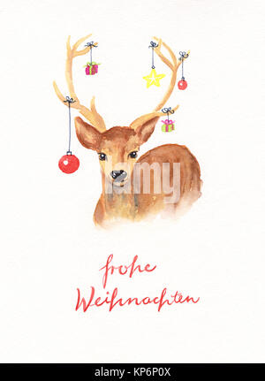 Hirsch mit Weihnachten Dekoration Aquarell Malerei mit deutschen Text: Frohe Weihnachten Stockfoto