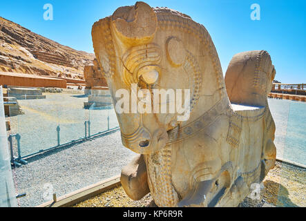 Die protome von Double-Pferd in Persepolis archäologische Stätte, Iran, geleitet. Stockfoto