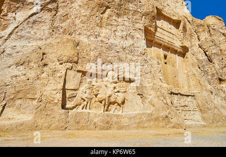 Naqsh-e Rustam archäologische Stätte bietet erhaltenen antiken Reliefs, die persischen Könige, der Iran. Stockfoto