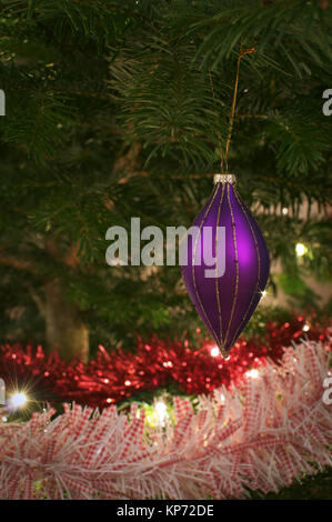 Eine Nahaufnahme eines purple Ornament hängend an einem Weihnachtsbaum Stockfoto