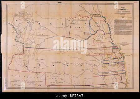 Karte von Nebraska und Kansas Territorien, mit Position der Indischen behält sich nach den Verträgen von 1854. Stockfoto