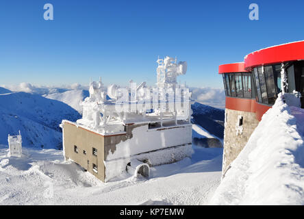 Jasna, Slowakei - Dezember 1, 2017: Blick auf die Gipfel der Berge von der Station der Seilbahn Chopok an einem sonnigen Tag im Skigebiet Jasna, Stockfoto