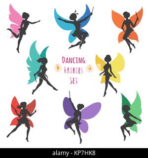 Satz von dancing Fairy Silhouetten. Neun Feen mit bunten Flügeln. Vector Illustration. Stock Vektor