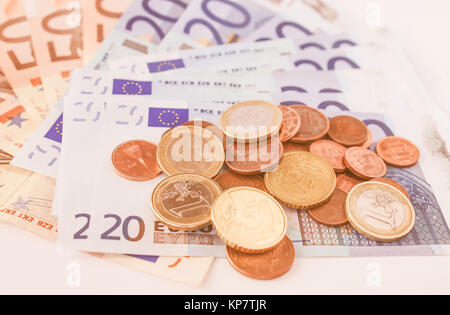 Euro Münzen und Banknoten vintage Stockfoto