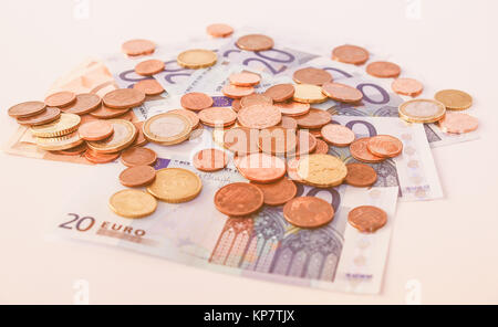 Euro Münzen und Banknoten vintage Stockfoto