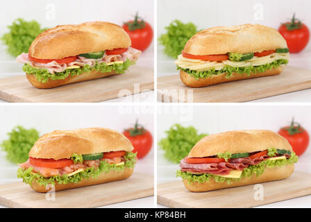 Collage von Sandwiches baguettes zum Frühstück belegt mit Salami, Schinken, Fisch und Käse Stockfoto