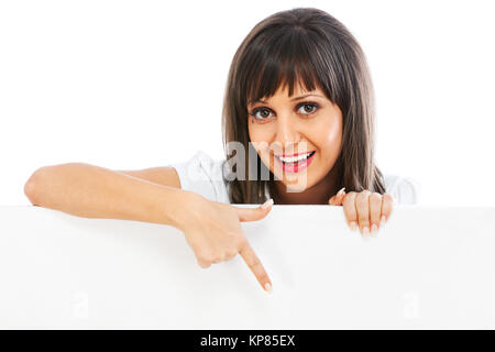 Junge Frau hinter Reklametafeln, junge Frau hinter Reklametafeln, junge Frau hinter Reklametafeln, junge Frau hinter Reklametafeln zeigen Stockfoto