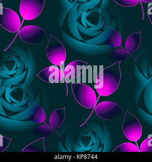 Abstrakt floral background, nahtlose Rosen Blüten türkis grün und lila Blätter, glänzend und verschwommen, elegante und verträumt Stockfoto