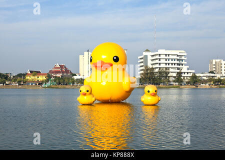 Die gelben Enten ist die meisten Schlager-Ansicht für Fotos. Der Park der großen Provinzen ist berühmt, Udonthani, Thailand. Stockfoto