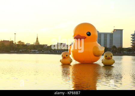 Die gelben Enten ist die meisten Schlager-Ansicht für Fotos. Der Park der großen Provinzen ist berühmt bei Sonnenuntergang, Udonthani, Thailand. Stockfoto