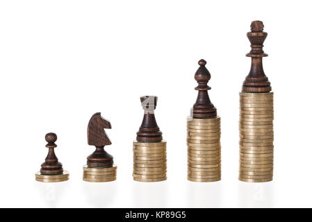 Schachfiguren auf Gestapelte Münzen Stockfoto