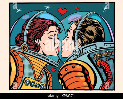 Mann und Frau Astronauten Platz zu küssen Stockfoto