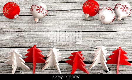 Luftaufnahme von Weihnachten Ornamente auf einem Holztisch Stockfoto