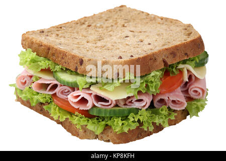 Sandwich Toast zum Frühstück belegt mit Schinken, Käse, Salat, Tomaten freigestellt vor einem weissen Hintergrund Stockfoto