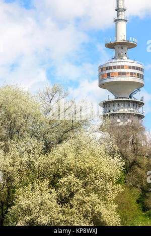 Olympic Tower - der Funkturm im Münchner Olympiapark, von dem aus Sie einen herrlichen Blick auf die Alpen haben Stockfoto