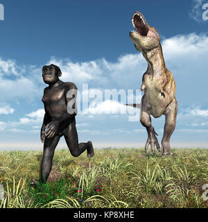 Tyrannosaurus rex Angriffe der Homo habilis Stockfoto